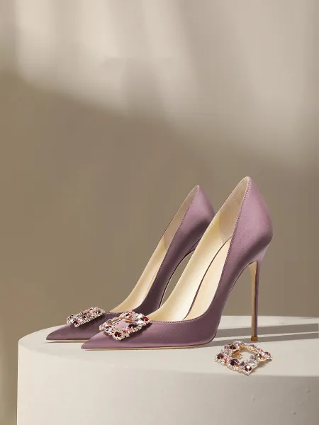 Charming Lavender Rhinestone Evening Party Pumps 2024 Leather 10 cm Stiletto Heels Pointed Toe Pumps High Heels