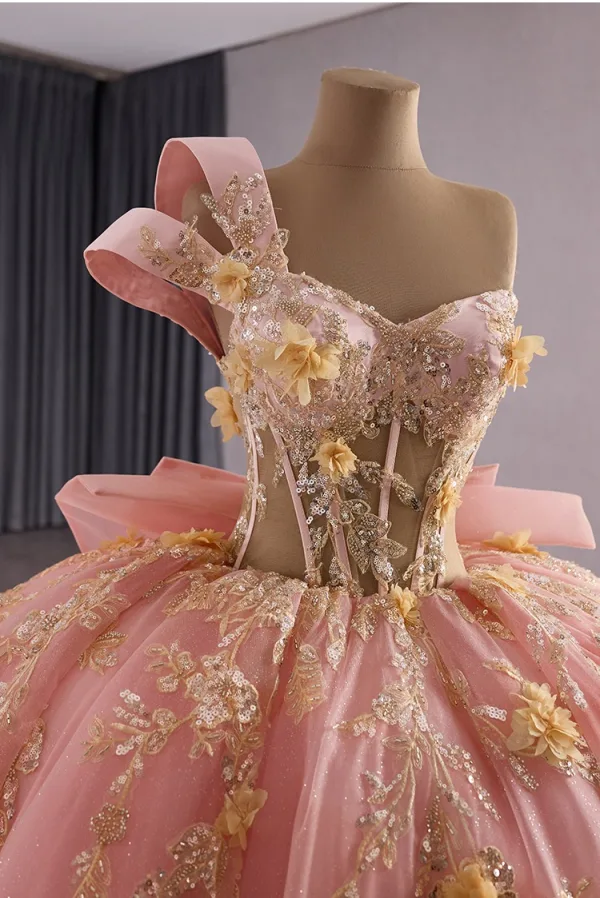 Luxury / Gorgeous Flower Fairy Blushing Pink Beading Appliques Sequins Prom Dresses 2025 Ball Gown One-Shoulder Sleeveless Backless Bow Court Train Formal Dresses