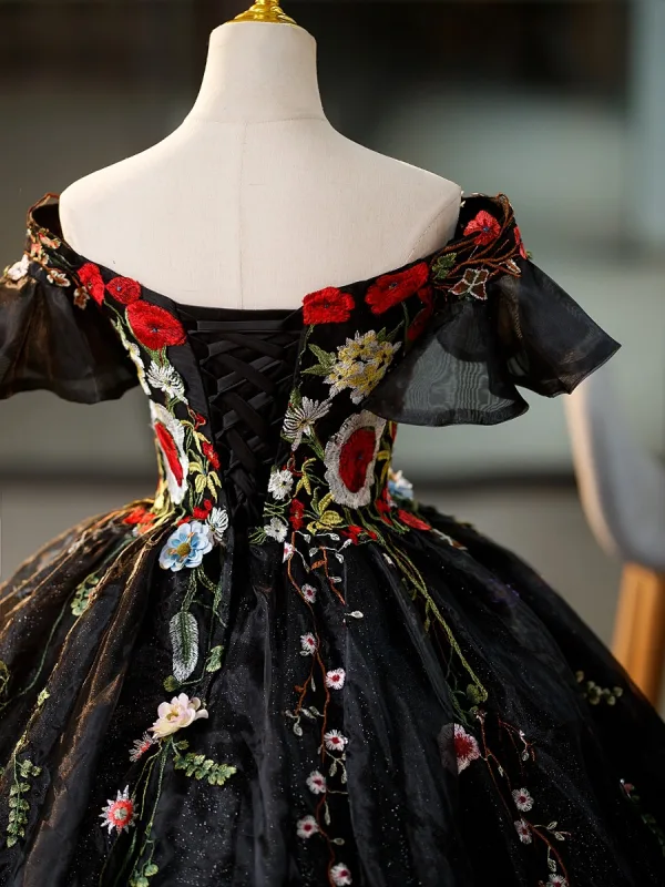 Flower Fairy Black Appliques Lace Flower Glitter Prom Dresses 2023 Off-The-Shoulder Short Sleeve Backless Floor-Length / Long Formal Dresses