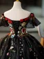 Flower Fairy Black Appliques Lace Flower Glitter Prom Dresses 2023 Off-The-Shoulder Short Sleeve Backless Floor-Length / Long Formal Dresses