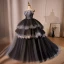 Charming Black Appliques Cascading Ruffles Prom Dresses 2024 Ball Gown Strapless Sleeveless Backless Floor-Length / Long Prom Formal Dresses