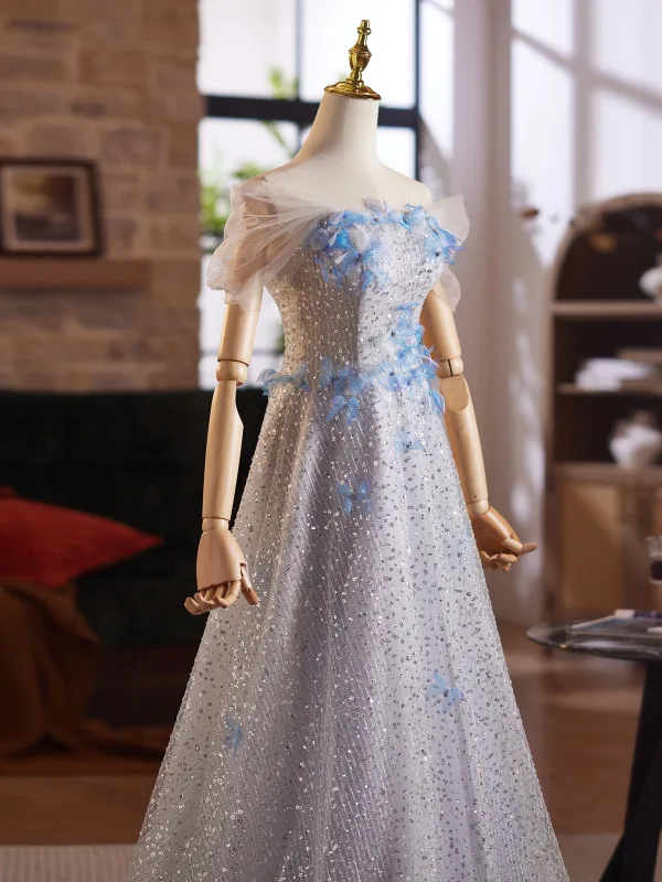 Sparkly Grey Beading Appliques Sequins Prom Dresses 2025 A-Line / Princess Off-The-Shoulder Short Sleeve Backless Floor-Length / Long Formal Dresses