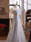 Sparkly Grey Beading Appliques Sequins Prom Dresses 2025 A-Line / Princess Off-The-Shoulder Short Sleeve Backless Floor-Length / Long Formal Dresses