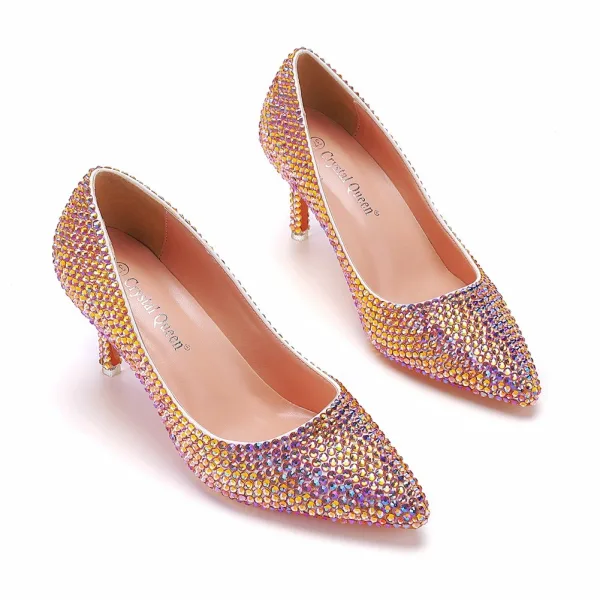 Bling Bling Goud Rhinestone Avond Pumps 2025 7 cm Naaldhakken / Stiletto Spitse Neus Pumps Hoge Hakken