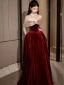 Sexy Burgundy Sequins Velvet Prom Dresses 2023 A-Line / Princess Off-The-Shoulder Sleeveless Backless Floor-Length / Long Prom Formal Dresses
