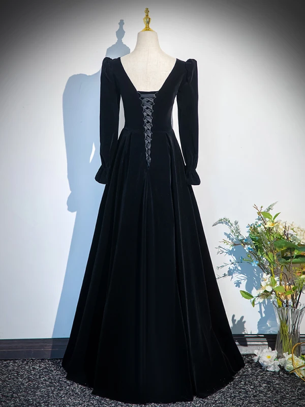 Vintage / Retro Black Winter Prom Dresses 2024 A-Line / Princess Square Neckline Long Sleeve Backless Floor-Length / Long Prom Formal Dresses