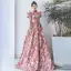 Elegant Burgundy Floral Prom Dresses 2022 A-Line / Princess High Neck Puffy Short Sleeve Backless Prom Floor-Length / Long Formal Dresses