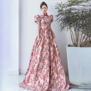 Chic Belle Bordeaux Floral Perle Robe De Soirée 2022 Princesse Col Haut Dos Nu Manches Courtes Longue Soirée Robe De Ceremonie