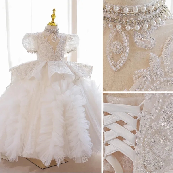 Luxury / Gorgeous White Beading Pearl Rhinestone Sequins Birthday Flower Girl Dresses 2023 Cascading Ruffles Ball Gown High Neck Puffy Short Sleeve Backless Floor-Length / Long