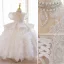 Luxury / Gorgeous White Beading Pearl Rhinestone Sequins Birthday Flower Girl Dresses 2023 Cascading Ruffles Ball Gown High Neck Puffy Short Sleeve Backless Floor-Length / Long