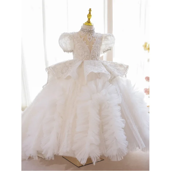 Luxury / Gorgeous White Beading Pearl Rhinestone Sequins Birthday Flower Girl Dresses 2023 Cascading Ruffles Ball Gown High Neck Puffy Short Sleeve Backless Floor-Length / Long