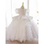 Luxury / Gorgeous White Beading Pearl Rhinestone Sequins Birthday Flower Girl Dresses 2023 Cascading Ruffles Ball Gown High Neck Puffy Short Sleeve Backless Floor-Length / Long