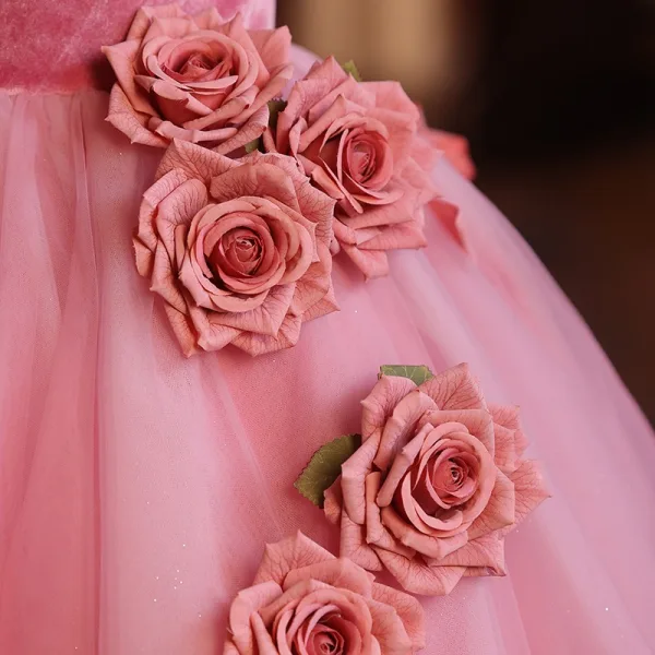 Flower Fairy Candy Pink Appliques Prom Dresses 2025 Ball Gown Off-The-Shoulder Short Sleeve Backless Floor-Length / Long Prom Formal Dresses