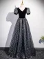 Bling Bling Black Star Sequins Prom Dresses 2025 A-Line / Princess V-Neck Short Sleeve Backless Floor-Length / Long Formal Dresses