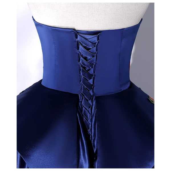 Vintage / Retro Navy Blue Satin Prom Dresses 2022 Ball Gown Strapless Lace Flower Sleeveless Backless Floor-Length / Long Prom Formal Dresses