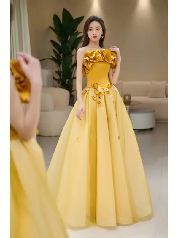 Fashion Yellow Appliques Prom Dresses 2023 A-Line / Princess Strapless Sleeveless Backless Floor-Length / Long Prom Formal Dresses