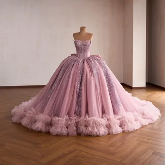 Luxe Bling Bling Rose Sombre Glitter Perlage Paillettes Robe De Bal 2026 Robe Boule Bustier Sans Manches Dos Nu Noeud Tribunal Train Robe De Ceremonie