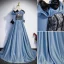 Elegante Blauw Galajurken 2023 A lijn Ruche Uit De Schouder Korte Mouwen Ruglooze Strik Lange Gala Gelegenheid Jurken