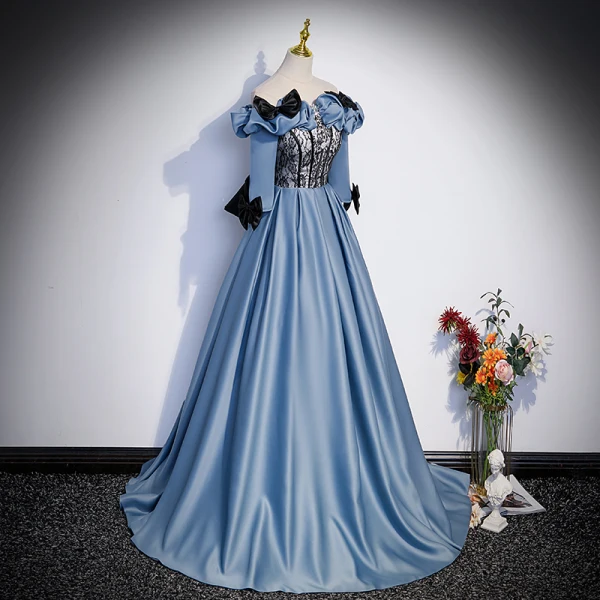 Elegante Blauw Galajurken 2023 A lijn Ruche Uit De Schouder Korte Mouwen Ruglooze Strik Lange Gala Gelegenheid Jurken