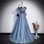 Elegante Blauw Galajurken 2023 A lijn Ruche Uit De Schouder Korte Mouwen Ruglooze Strik Lange Gala Gelegenheid Jurken