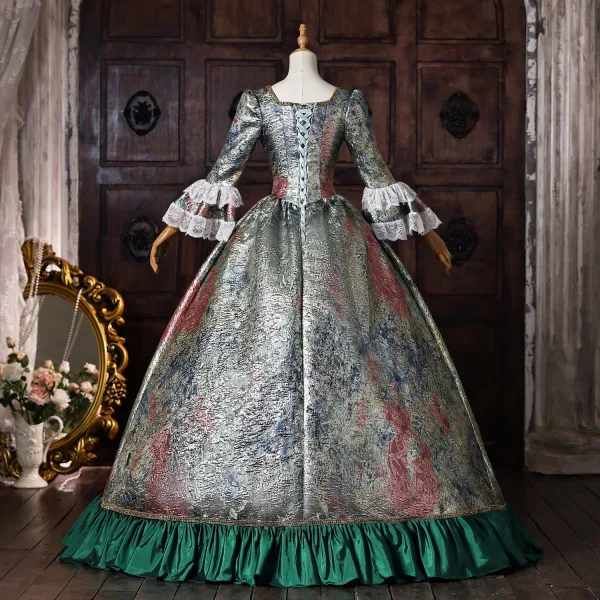 Vintage / Retro Medieval Dark Green Pearl Lace Flower Printing Ruffle Prom Dresses 2026 Ball Gown Square Neckline Bell sleeves Backless Floor-Length / Long