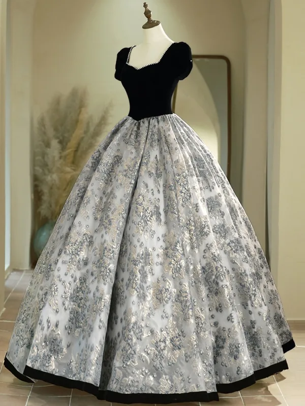 Vintage / Retro Black Pearl Velvet Printing Prom Dresses 2024 Ball Gown Square Neckline Short Sleeve Backless Floor-Length / Long Prom Formal Dresses
