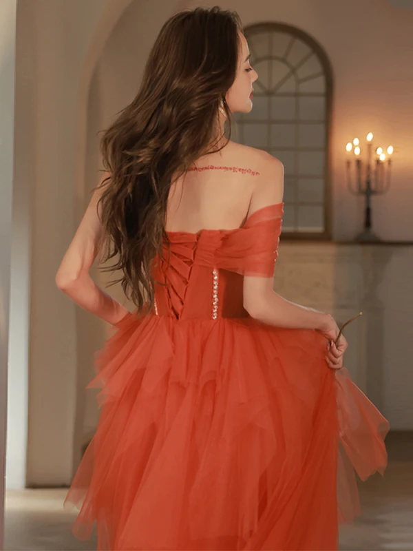 Charming Watermelon Beading Evening Dresses 2023 A-Line / Princess One-Shoulder Sleeveless Backless Floor-Length / Long Evening Party Formal Dresses