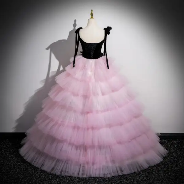 Fashion Blushing Pink Appliques Cascading Ruffles Prom Dresses Ball Gown 2024 Spaghetti Straps Bow Sleeveless Floor-Length / Long Prom Formal Dresses