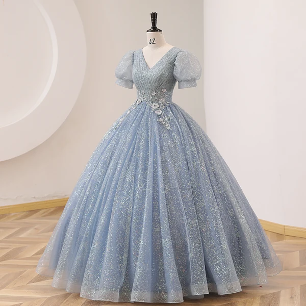 Elegant Sky Blue Lace Pearl Rhinestone Prom Dresses 2022 Ball Gown V-Neck Puffy Short Sleeve Backless Floor-Length / Long Prom Formal Dresses