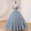 Elegant Sky Blue Lace Pearl Rhinestone Prom Dresses 2022 Ball Gown V-Neck Puffy Short Sleeve Backless Floor-Length / Long Prom Formal Dresses