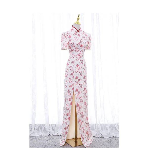 Charming Lace Flower White Cheongsam 2022 Trumpet / Mermaid High Neck Short Sleeve Backless Split Front Floor-Length / Long Evening Party Cheongsam / Qipao
