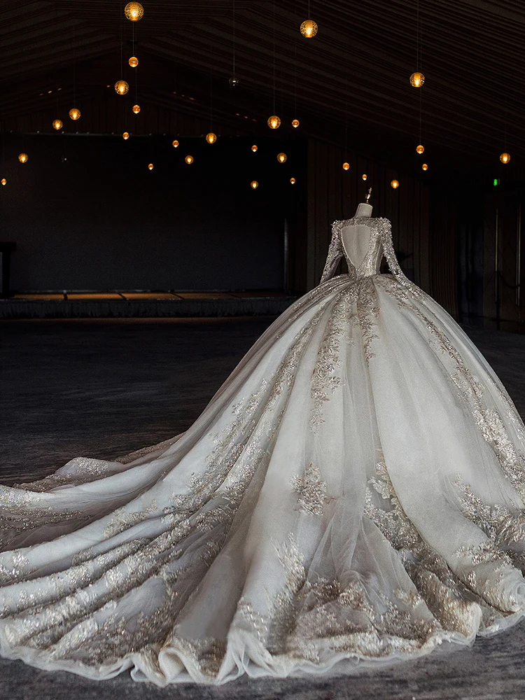 Luxury Gorgeous Ivory Beading Sequins Satin Wedding Dresses 2024 Ball Gown U-Neck Long