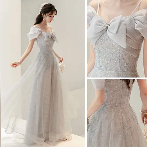 Fashion Grey Rhinestone Evening Dresses  2022 A-Line / Princess Spaghetti Straps Bow Short Sleeve Backless Floor-Length / Long Evening Party Formal Dresses