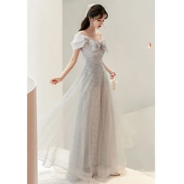 Fashion Grey Rhinestone Evening Dresses  2022 A-Line / Princess Spaghetti Straps Bow Short Sleeve Backless Floor-Length / Long Evening Party Formal Dresses