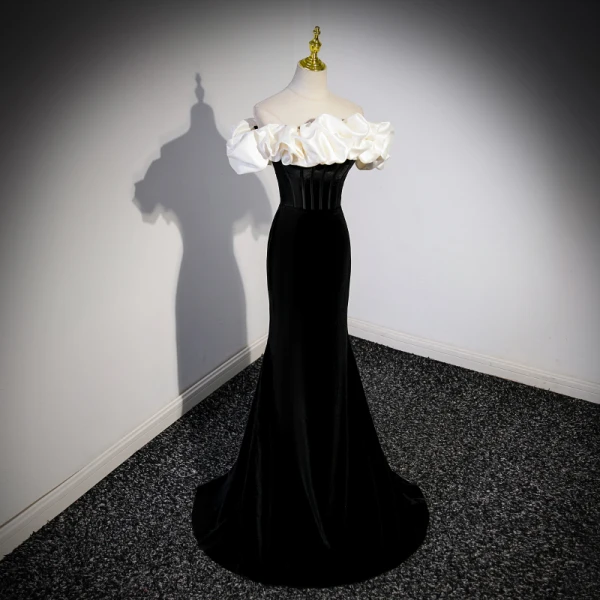 Sexy Black Evening Dresses 2023 Trumpet Mermaid Ruffle Off-The-Shoulder Sleeveless Sweep Sexy Black Evening Dresses 2023 Trumpet Mermaid Ruffle Off-The-Shoulder Sleeveless Sweep
