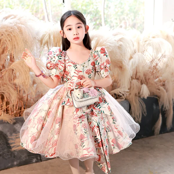 Chic / Beautiful Beige 3D Lace Prom Flower Girl Dresses 2022 Ball Gown Pearl Rhinestone Square Neckline Puffy Short Sleeve Backless Floor-Length / Long Flower Girl Dresses