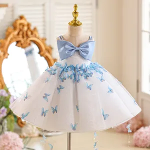 Fashion White Butterfly Appliques Birthday Short Flower Girl Dresses 2025 Ball Gown Spaghetti Straps Sleeveless Backless Bow Tulle