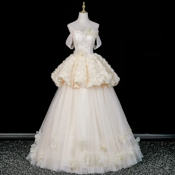 Zauberhaft Champagner Applikationen Spitze Blumen Ballkleider 2026 Ballkleid Off Shoulder Ärmellos Rückenfreies Lange Festliche Kleider