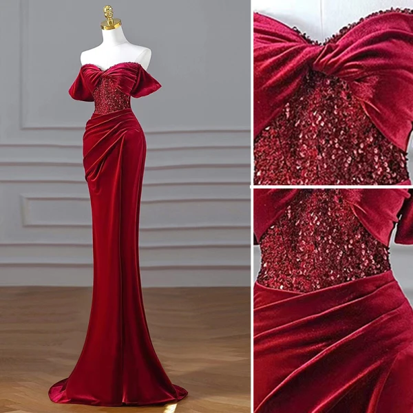 Charming Burgundy Beading Sequins Suede Evening Dresses 2023 Trumpet / Mermaid Velour Off-The-Shoulder Short Sleeve Backless Floor-Length / Long Evening Party Formal Dresses
