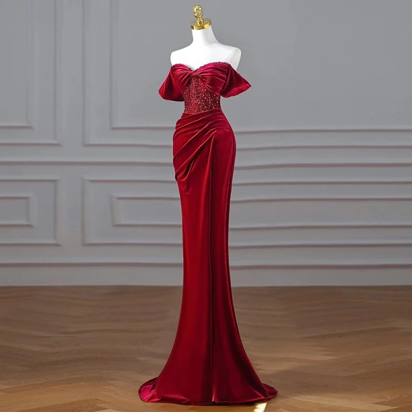 Charming Burgundy Beading Sequins Suede Evening Dresses 2023 Trumpet / Mermaid Velour Off-The-Shoulder Short Sleeve Backless Floor-Length / Long Evening Party Formal Dresses