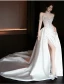 Illusion White Beading Rhinestone Satin Split Front Corset Wedding Dresses 2024 A-Line / Princess Strapless Sleeveless Backless Chapel Train Wedding