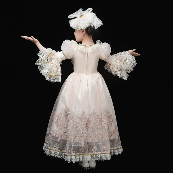 Vintage / Retro Medieval Champagne Flower Girl Dresses 2024 3D Lace Printing Floor-Length / Long High Neck 1/2 Sleeves A-Line / Princess Wedding Cosplay Prom Ball Gown Wedding Party Dresses