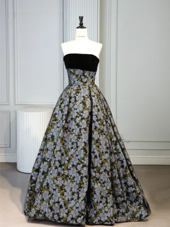 Vintage Originale Noire Floral Robe De Bal 2025 Princesse Bustier Sans Manches Dos Nu Train De Balayage Robe De Ceremonie