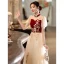 Chinese style Burgundy Beading Sequins Lace Flower Prom Dresses 2023 A-Line / Princess High Neck Short Sleeve Floor-Length / Long Prom Formal Dresses