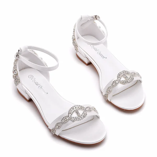 Sexy Blanche Faux Diamant Chaussure De Mariée 2023 Bride Cheville Talon Bas Peep Toes / Bout Ouvert Mariage Sandales Talons Hauts