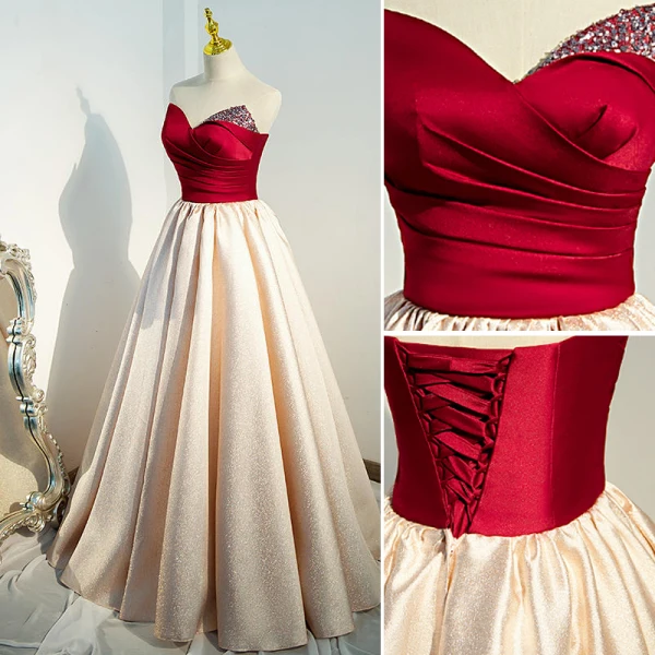 Vintage / Retro Classic Burgundy Satin Prom Dresses 2022 A-Line / Princess Sequins Strapless Sleeveless Backless Prom Floor-Length / Long Formal Dresses