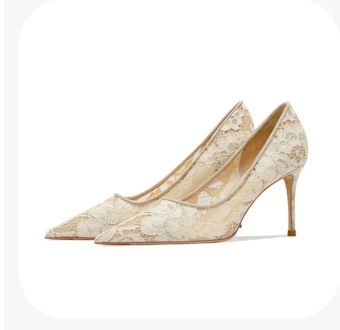 Élégant Ivoire Cuir En Dentelle Chaussure De Mariée 2024 Mariage 6 Cm Talons Aiguilles À Bout Pointu Escarpins Talons Hauts