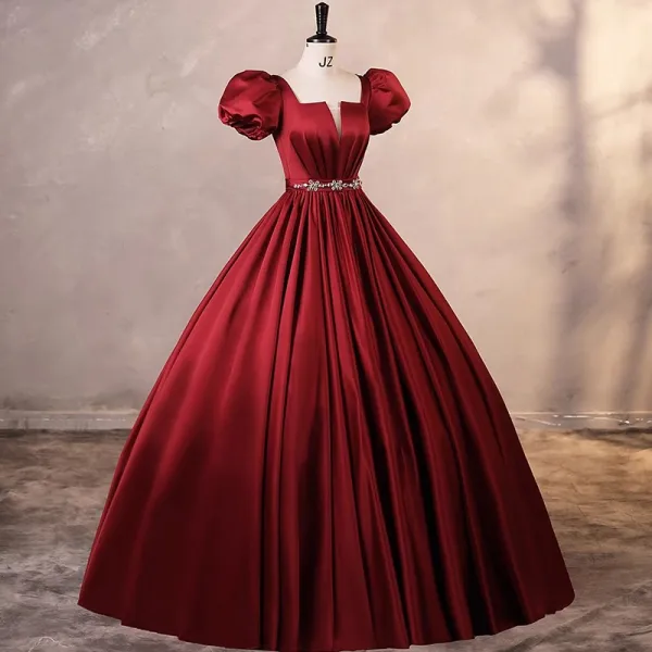 Elegant Burgundy Satin Prom Dresses 2023 Ball Gown Square Neckline Puffy Short Sleeve Backless Rhinestone Sash Floor-Length / Long Prom Formal Dresses