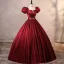 Elegant Burgundy Satin Prom Dresses 2023 Ball Gown Square Neckline Puffy Short Sleeve Backless Rhinestone Sash Floor-Length / Long Prom Formal Dresses