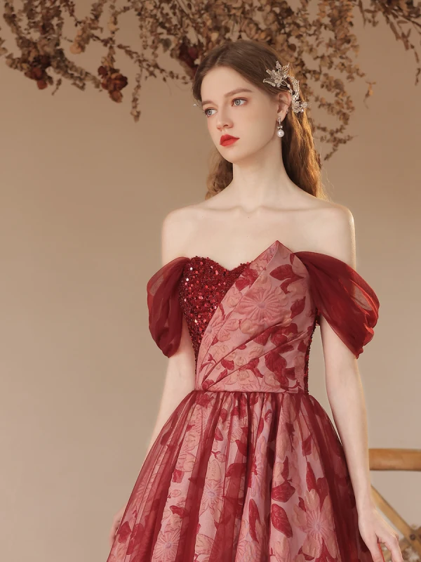 Chic / Beautiful Burgundy Sequins Printing Prom Dresses 2023 A-Line / Princess Off-The-Shoulder Short Sleeve Backless Floor-Length / Long Formal Dresses